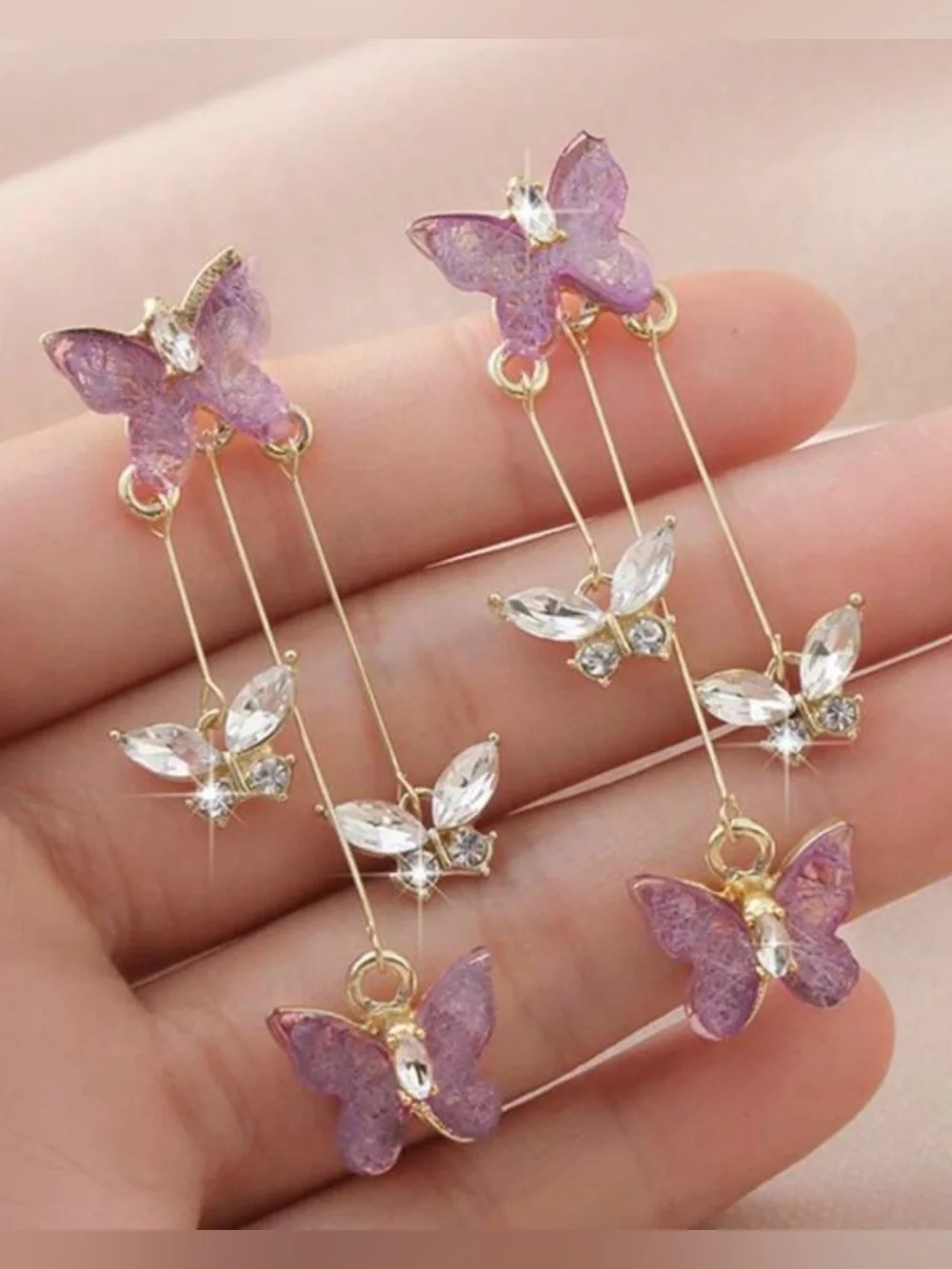 🦋 Purple Butterfly Crystal Dangle Earrings | Gold Tone Fairycore